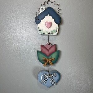 Vintage Tole Painted Woden Wall Hanger House Flower Heart 15.5" Wire Hangers